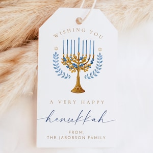 Modèle d'étiquette-cadeau de Hanoucca, étiquettes-cadeaux de Hanoucca heureux avec menorah bleu et or, étiquettes-cadeaux de Hanoucca, fête juive des lumières - BLAIR