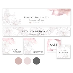 NAOMI Blush Watercolor Etsy Branding Kit, Pink Etsy Shop Set, Botanical Etsy Shop Banner, DIY Etsy Shop Icon Templates, Instant Download