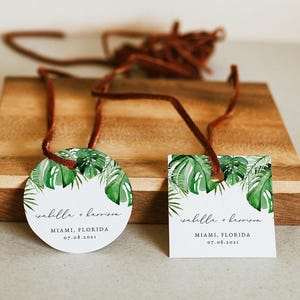 Round Favor Tag Template, Square Favor Tag, Envelope Sticker, Tropical Favor Tag, Beach Wedding Favor Tag, Watercolor Palm Leaves DIY CORA