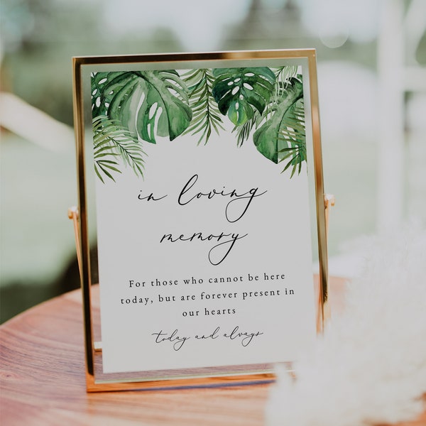 Tropical Watercolor Palm Leaf In Loving Memory Wedding Sign Printable Template CORA