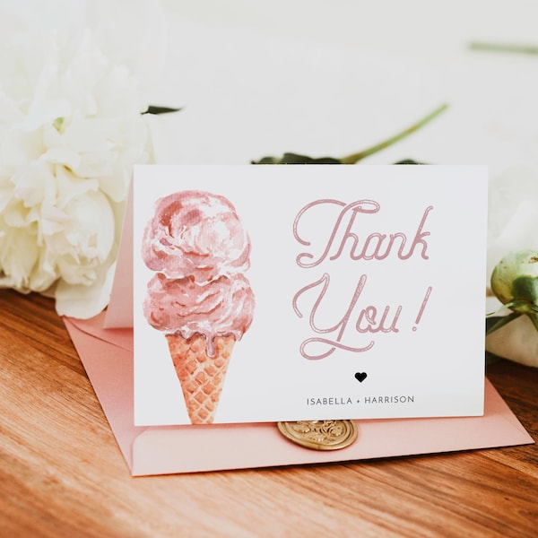 Ice Cream Thank You Card Template, She's Been Scooped Up Bridal Shower Thank You Printable, Pink Ice Cream Foldable Thank You Instant CLARA