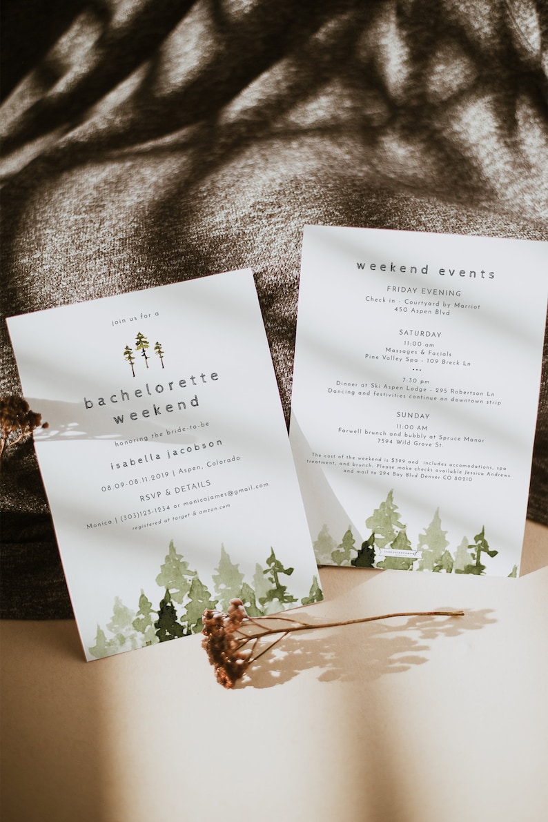 JENNA Mountain Bachelorette Party Invitation Template, Pine Tree Bachelorette Weekend Itinerary, Camping Bachelorette Invite Glamping DIY image 1