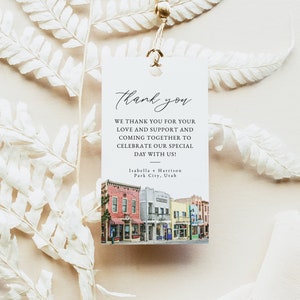 Plantilla de etiqueta de regalo de PARK CITY, etiqueta de regalo imprimible con el horizonte de Filadelfia, etiqueta de regalo de boda de Park City, Utah, boda de aventura en un destino urbano DIY