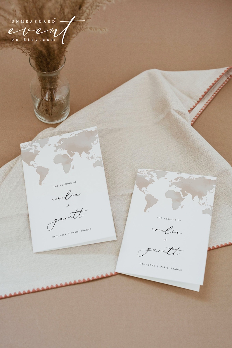 Folded Destination Wedding Program Template, Travel Wedding Order of Service, Adventure Wedding Ceremony Timeline, World Map Wedding CARMEN image 1