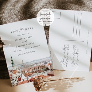 Carte postale « Save the Date » de Pozna à imprimer, modèle « Save the Date » avec la ligne d'horizon de Pozna, aquarelle « Save the Date » de Pozna Evite, Pologne « Save the Date »
