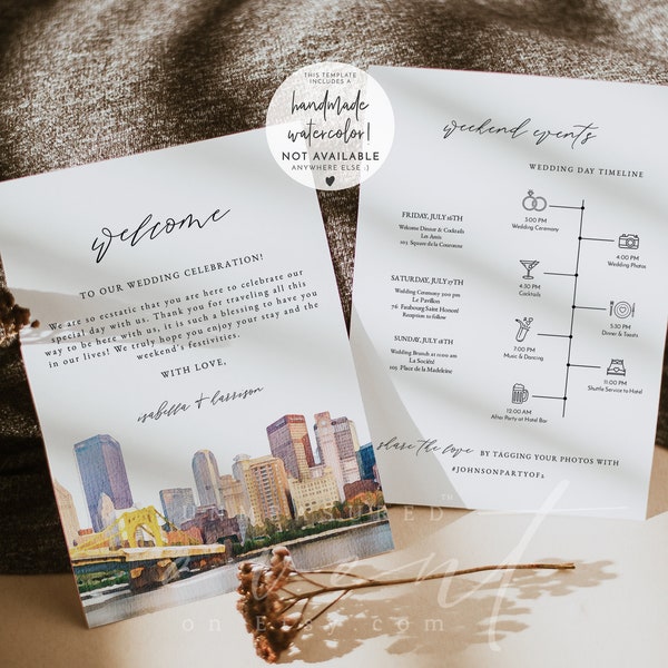 PITTSBURGH Wedding Welcome Letter Template, Wedding Timeline Template, Printable Wedding Order of Service, Wedding Day Event Cards Instant