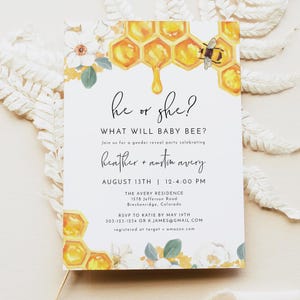 Bee Gender Reveal Invitation Template, Honey Gender Reveal Invite, Fall Gender Reveal Invitation Evite, Bumble Bee and White Floral DIY ROMY
