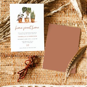 May include: A housewarming party invitation with a watercolor illustration of three potted plants. The invitation reads "home sweet home" and includes the names Isabella & Harrison, the date and time of the party, the address, and the RSVP information.