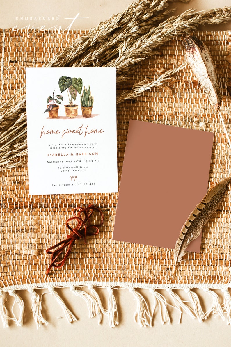 May include: A housewarming party invitation with a watercolor illustration of three potted plants. The invitation reads "home sweet home" and includes the names Isabella & Harrison, the date and time of the party, the address, and the RSVP information.