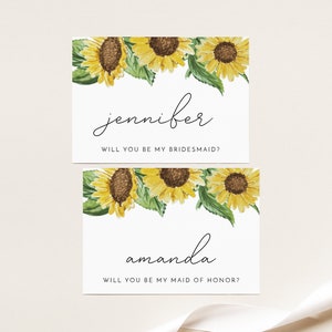 Plantilla de tarjeta de propuesta de dama de honor con girasol de EMMA, regalo de propuesta de dama de honor de otoño, tarjeta de otoño "¿Quieres ser mi dama de honor?", temática de granero campestre