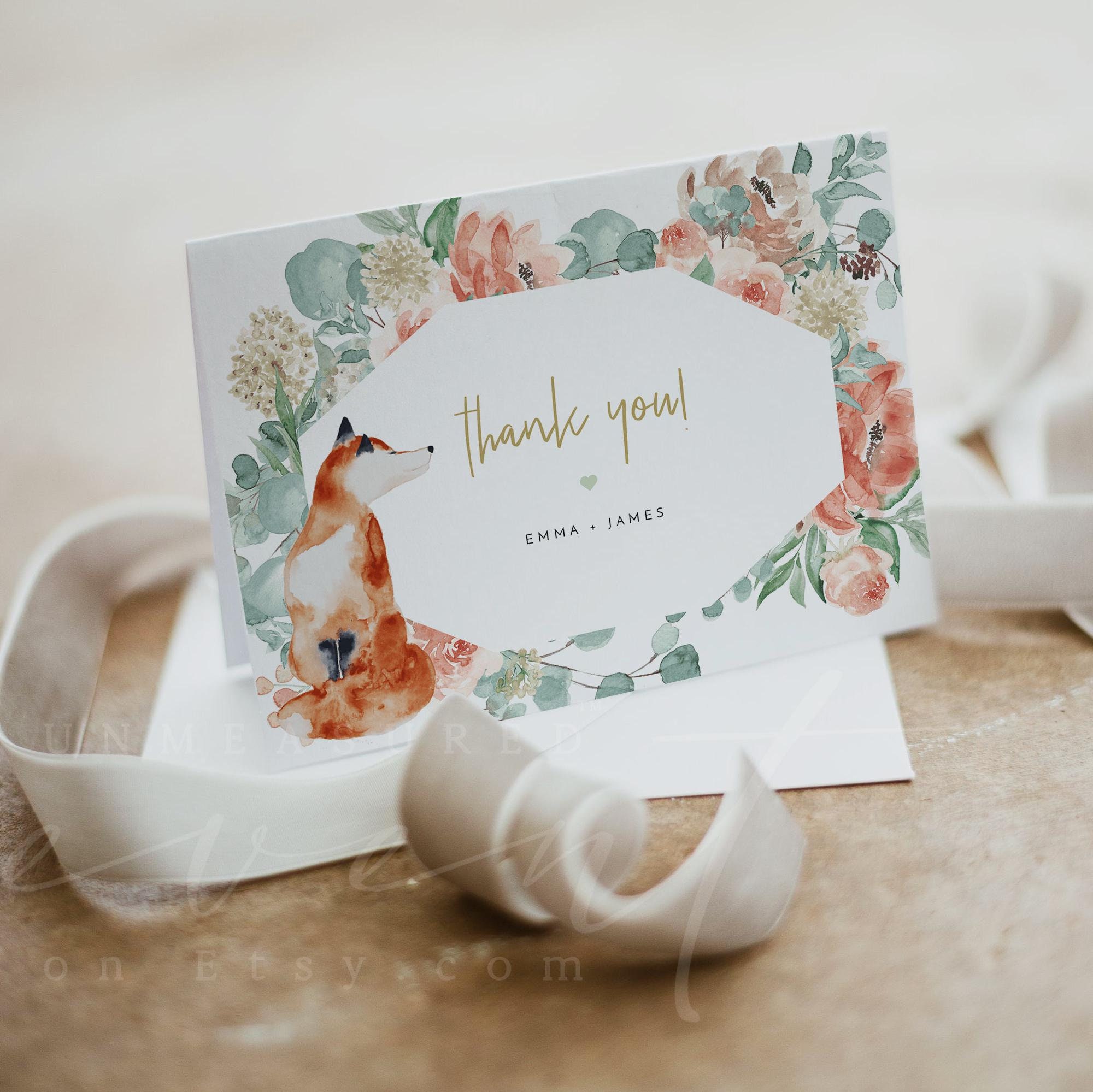 Thank You Card Template, Pastel Floral Thank You Card Printable, Blush Floral Thank You, Eucalyptus and Sage Fox Thank You Card Instant VERA