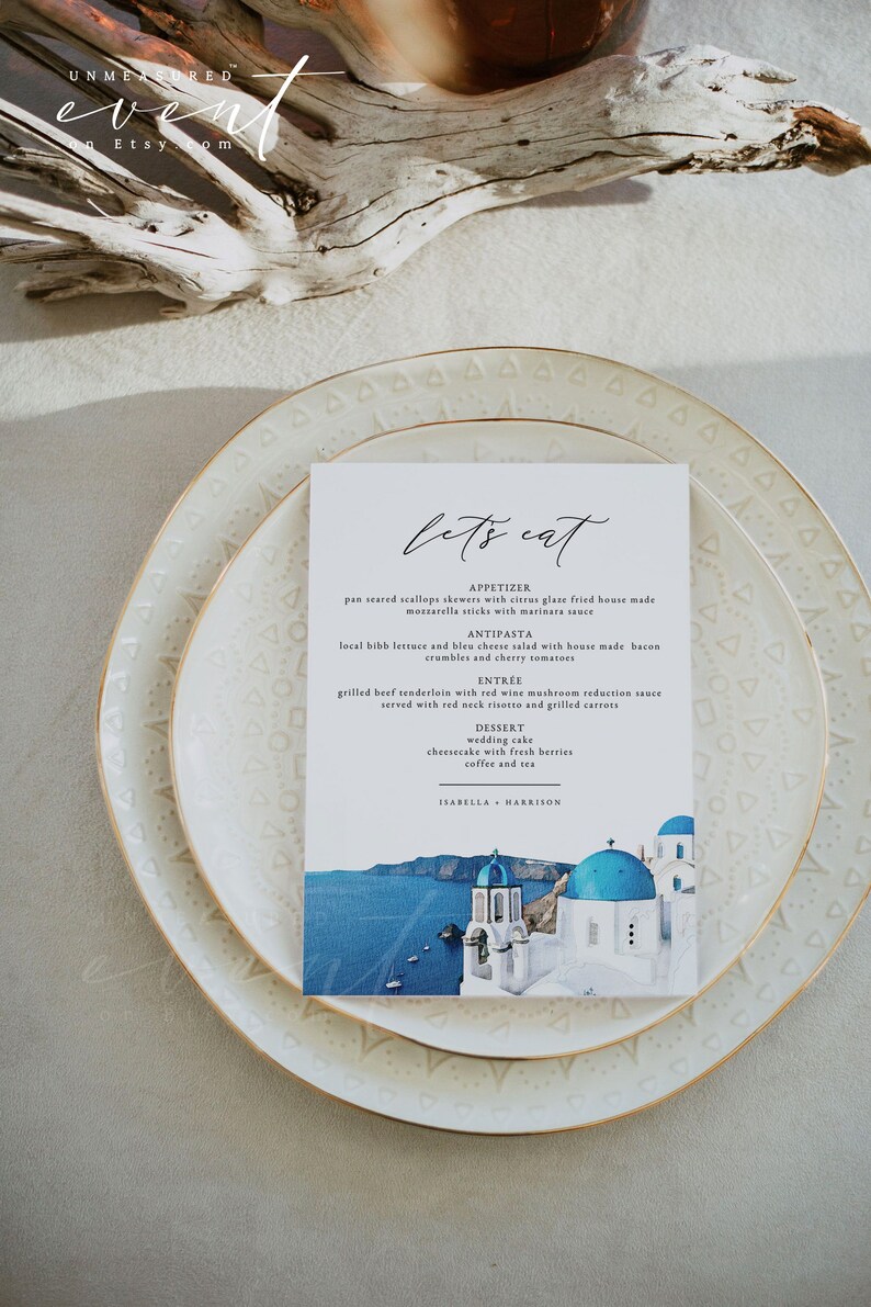 SANTORINI Wedding Menu Template Watercolor Santorini Skyline - Etsy