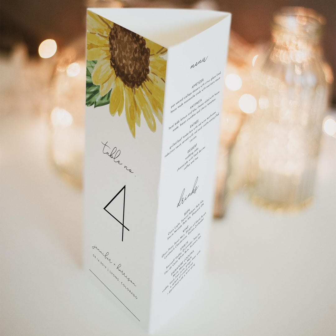 Sunflower Wedding Triangle Table Number Template, Trifold Table Menu ...