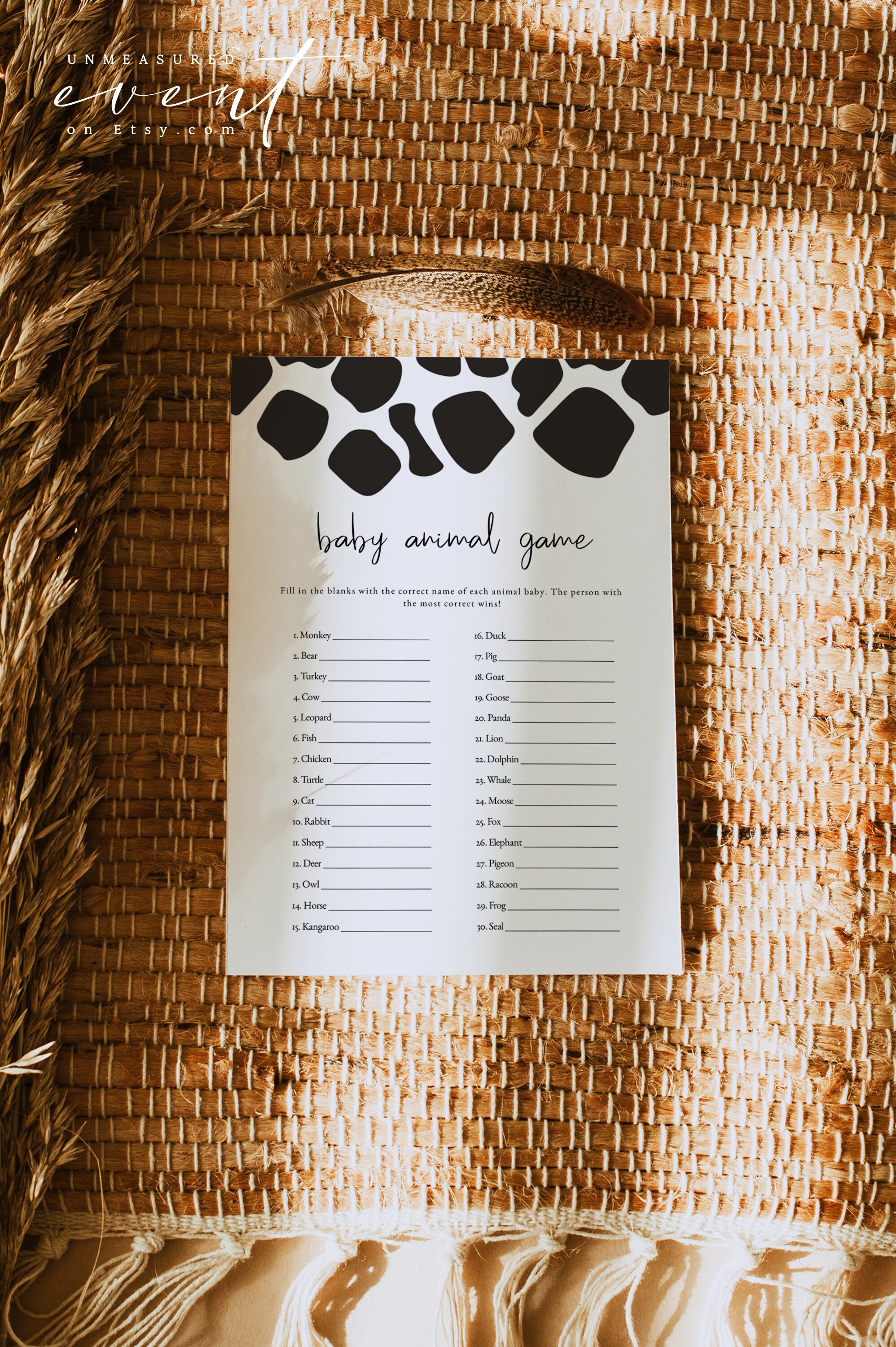 BRYNDLE Baby Animal Game Printable, Cow Print Baby Shower Game Template ...