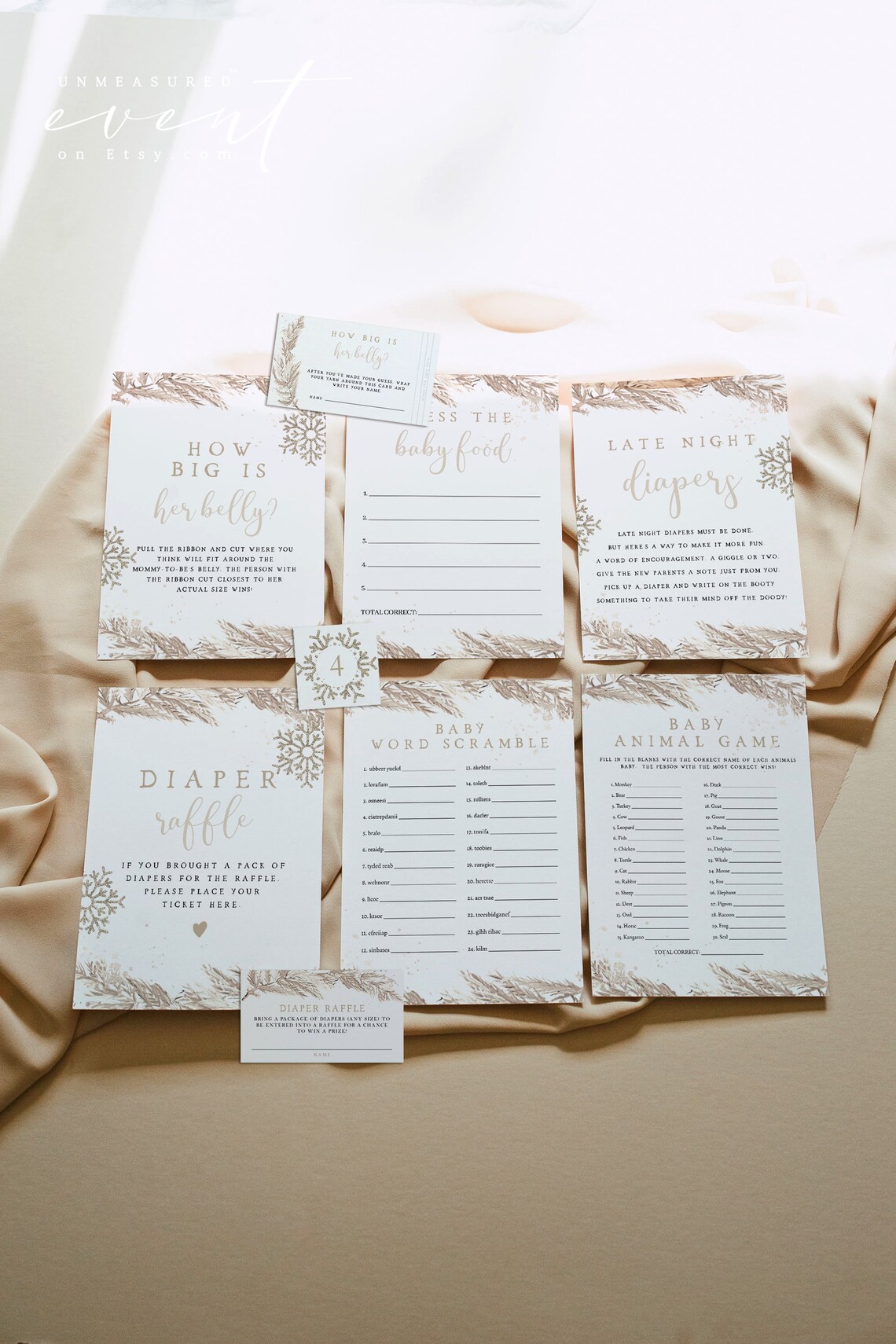 RORY Boho Beige Winter Pine Baby Shower Game Template Bundle Baby It's ...