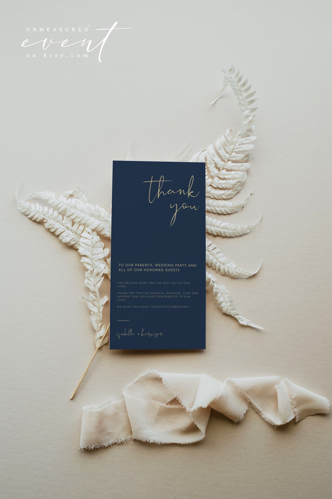 CAITLIN Navy and Gold Wedding Table Thank You Card Template, Modern ...