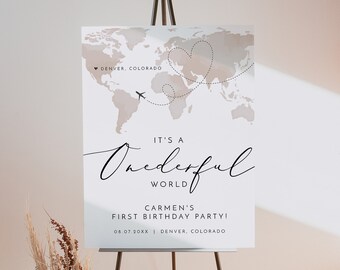 Onderful World Birthday Welcome Sign Template, Travel Themed Birthday Welcome Sign, Watercolor World Map Adventure First Birthday DIY CARMEN