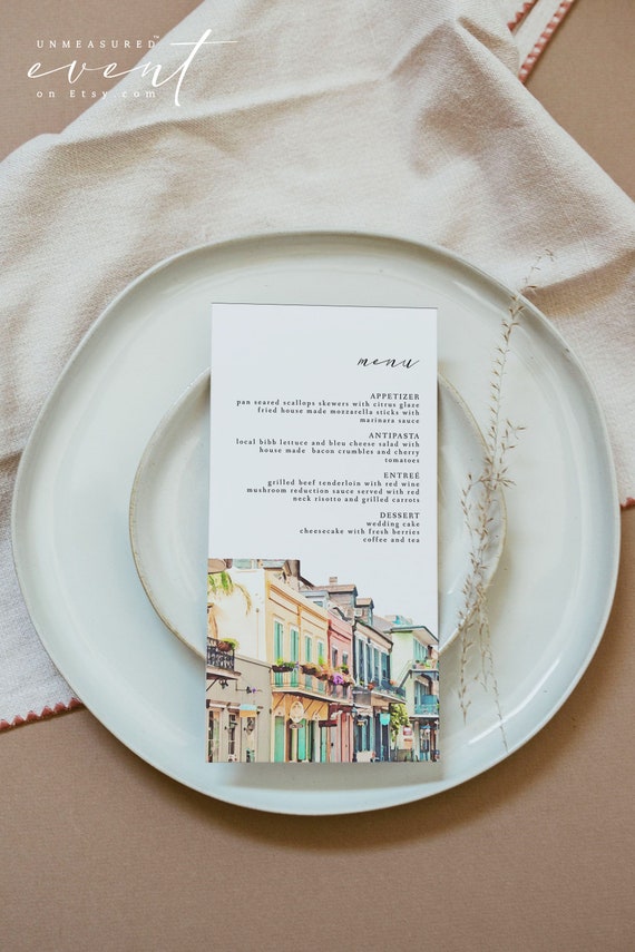 NOLA New Orleans Wedding Menu Template, Watercolor French Quarter Wedding Menu Printable, New Orleans Rehearsal Dinner Menu, Printable