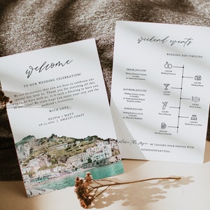 Plantilla de carta de bienvenida para bodas en la COSTA DE AMALFI, plantilla de cronograma de bodas, orden de servicio de bodas imprimible, día de la boda de inspiración italiana