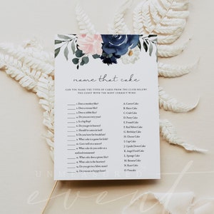 Plantilla de juego de despedida de soltera con el nombre de la tarta de CADENCE, descarga instantánea de juegos de despedida de soltera con flores en azul marino y rubor, flores azules y rosas para hacer tú mismo