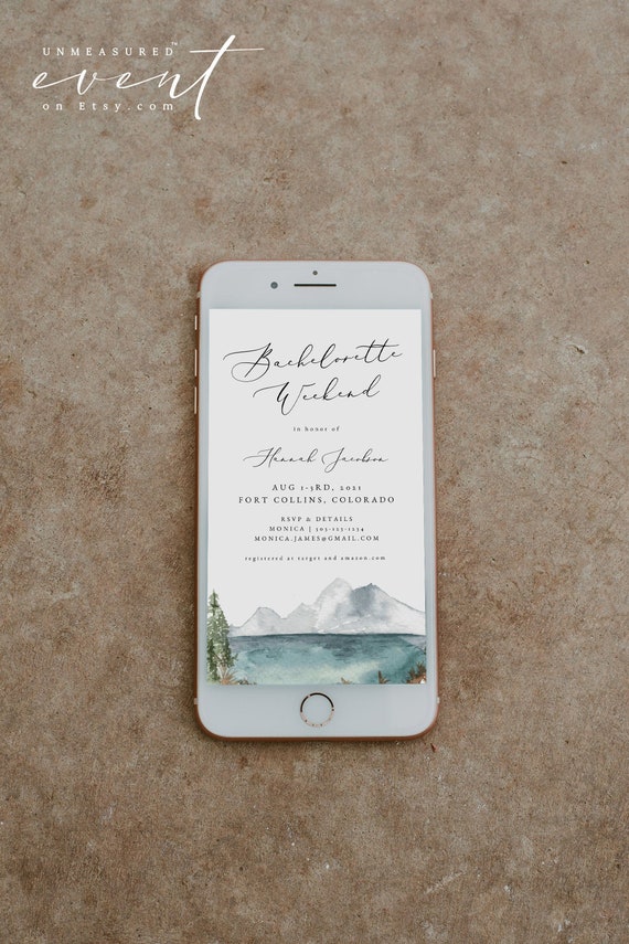 CLOVER Mountain Lake Bachelorette TEXT Invitation & Itinerary Template, Lake Bachelorette Evite, Lakeside Bachelorette, Camping Invitation