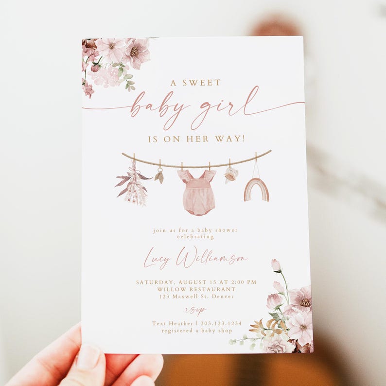 PRINTED + SHIPPED Boho Baby Shower Invitation, Sweet Baby Girl Shower Invite, Dusty Rose Clothesline Baby Shower Invitation LUCY image 4