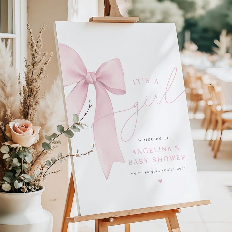 ANGELINA PRINTED + SHIPPED Pink Bow Baby Shower Welcome Sign, Blush ...