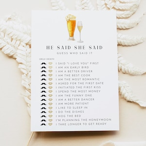 CHARLIE PRINTED + SHIPPED He Said She Said Bridal Shower Game, Couples Shower Games, Modern Minimalist Engagement Party, Bubbles and Brews