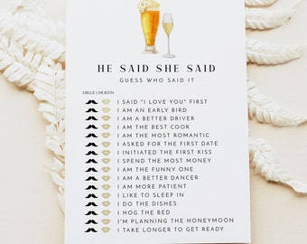 CHARLIE PRINTED + SHIPPED He Said She Said Bridal Shower Game, Couples Shower Games, Modern Minimalist Engagement Party, Bubbles and Brews