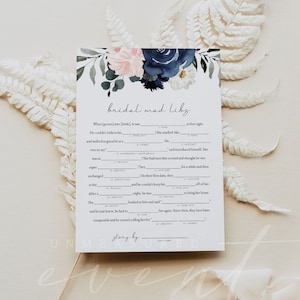 Plantilla de juego de despedida de soltera CADENCE Mad Libs, juegos de despedida de soltera con flores en azul marino y rubor, descarga instantánea, juegos de novia con flores azules y rosas