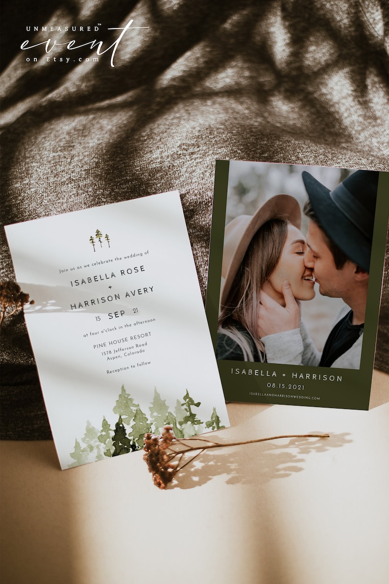 JENNA Pine Wedding Invitation Template Suite, Pine Wedding Invite, Forest Wedding Invite, Mountain Wedding Set, Bohemian Wedding Invites image 3