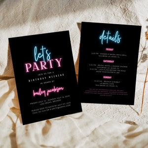 LOLA Neon Birthday Invitation Template, Glow Party Invitation Instant Download, Neon Blue and Pink Let's Glow Crazy Itinerary Schedule DIY