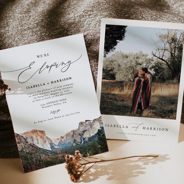 YOSEMITE Elopement Invitation Template, Watercolor Yosemite Valley Micro Wedding Invite Printable, National Park Mountain Rustic We Eloped