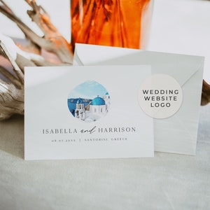 SANTORINI Wedding Website Logo, Watercolor Santorini Skyline Wedding Logo Instant Download Editable Template, Greece Skyline Monogram DIY
