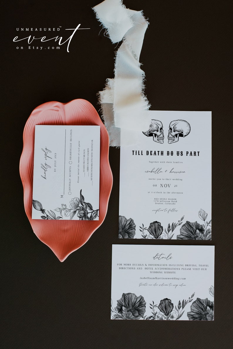 NOVA Til Death Wedding Invitation Suite Templates, Skeleton Wedding Invitation Set Printable, Gothic Wedding Invite, Vintage Wedding Evite image 5