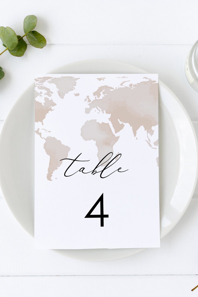 Watercolor Map Table Number Template, Destination Wedding Table Numbers, Travel Wedding Table Numbers, Printable Table Number Cards CARMEN image 2