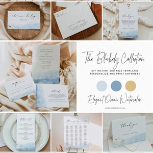 BLAKELY Wedding Bundle, Blue Watercolor Wedding Invite, Large Wedding Kit, Tropical Wedding Invitation Set, Sky Blue Ocean Watercolor Gold