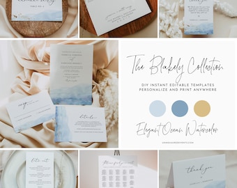 BLAKELY Wedding Bundle, Blue Watercolor Wedding Invite, Large Wedding Kit, Tropical Wedding Invitation Set, Sky Blue Ocean Watercolor Gold