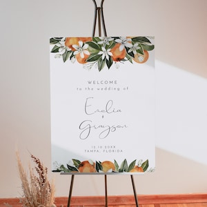 Modèle de plaque de bienvenue de mariage orange, plaque de bienvenue de mariage agrumes, affiche de bienvenue de mariage de fruits du jardin tropical, CALLIOPE orange clémentine