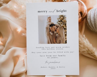 ALINA Modern Minimalist Single Photo Christmas Card Template Merry and Bright Holiday Card Printable Text Message Digital Christmas