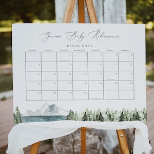 CLOVER Mountain Baby Due Date Calendar Game, Bohemian Guess The Due Date Calendar, Baby Shower Prediction Woodland Forest Lake Hiking DIY