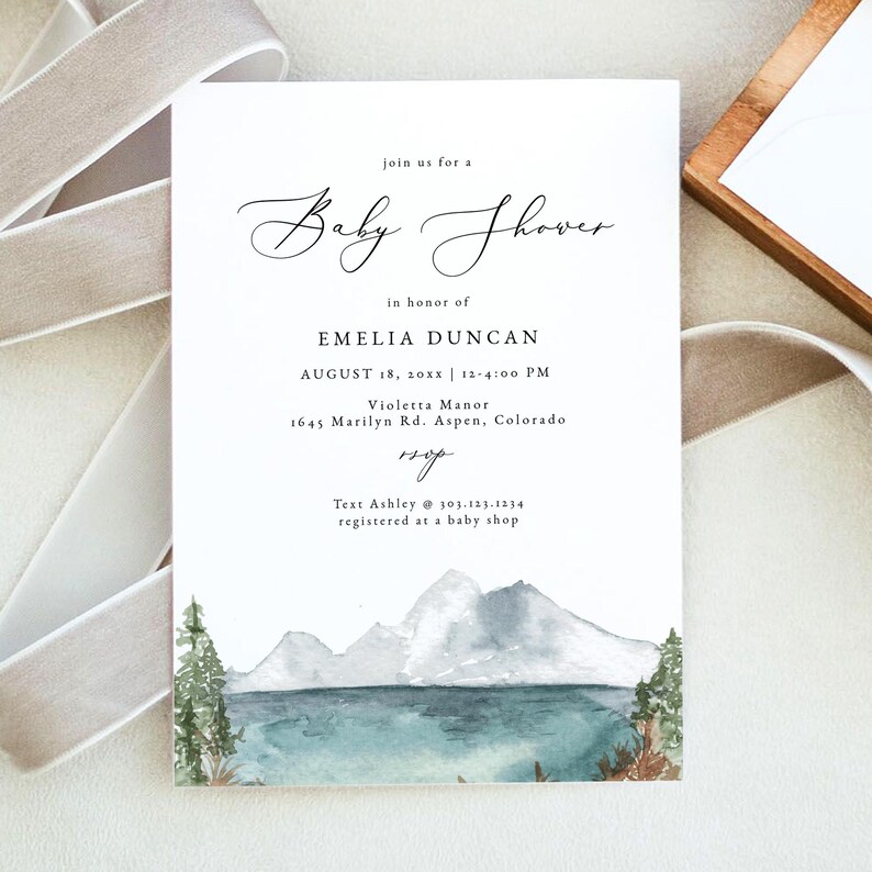 Mountain Baby Shower Invitation Template, Mountain Lake Baby Shower Invite, Boho Baby Shower Invite, Forest Baby Shower Invites DIY CLOVER image 6