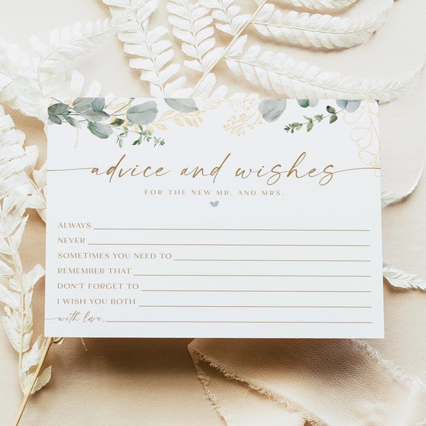 PRINTED + SHIPPED Bridal Shower Advice Card, Greenery Advice and Wishes for the New Mr and Mrs Game, Eucalyptus Bridal Shower Games CALIA