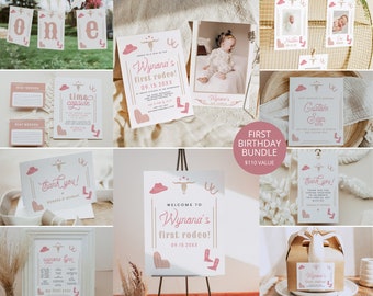 1st Rodeo Birthday Bundle, Cowgirl Birthday Invitation Bundle, Rodeo Themed First Birthday Party Sign Kit, Girl 1st Birthday Instant WYNONA