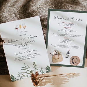 TIMBER Wine and Pines Bachelorette Invitation Template, Ski Snowboarding Bachelorette Flannel and Fizz Party on the Peaks Mountain Evite DIY