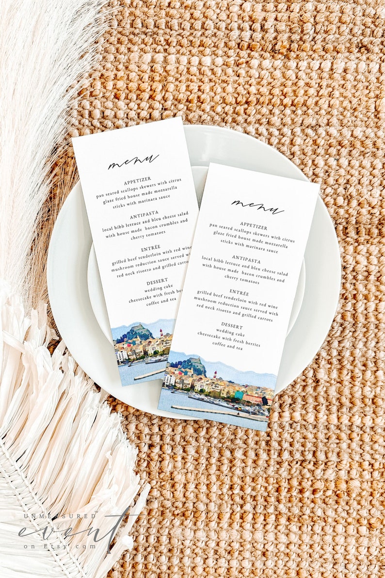 CORFU Wedding Menu Template, Corfu Skyline Table Menu Cards, Corfu Greece Watercolor Dinner Menu, Greek Wedding Menu Instant Editable image 1