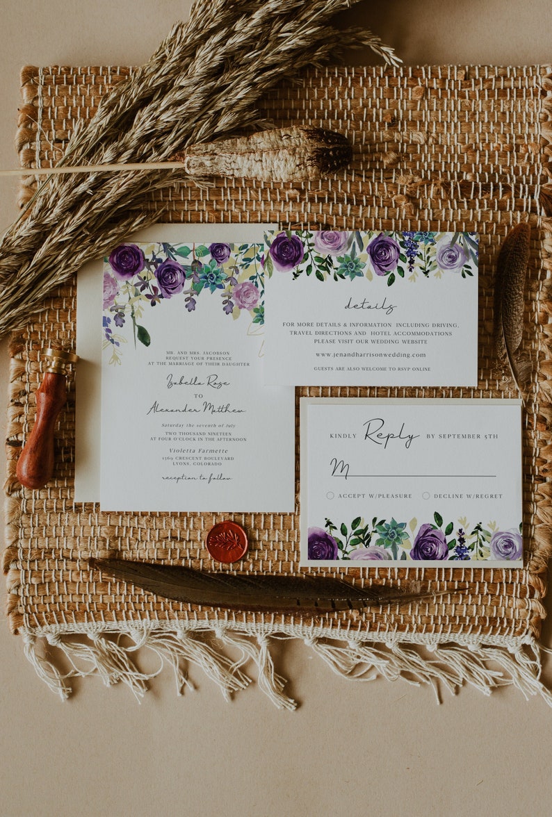 OLIVIA Succulent Wedding Invitation Suite Templates, Purple Wedding Invitation, Boho Wedding Invites, Desert Wedding Invitation Templett image 1