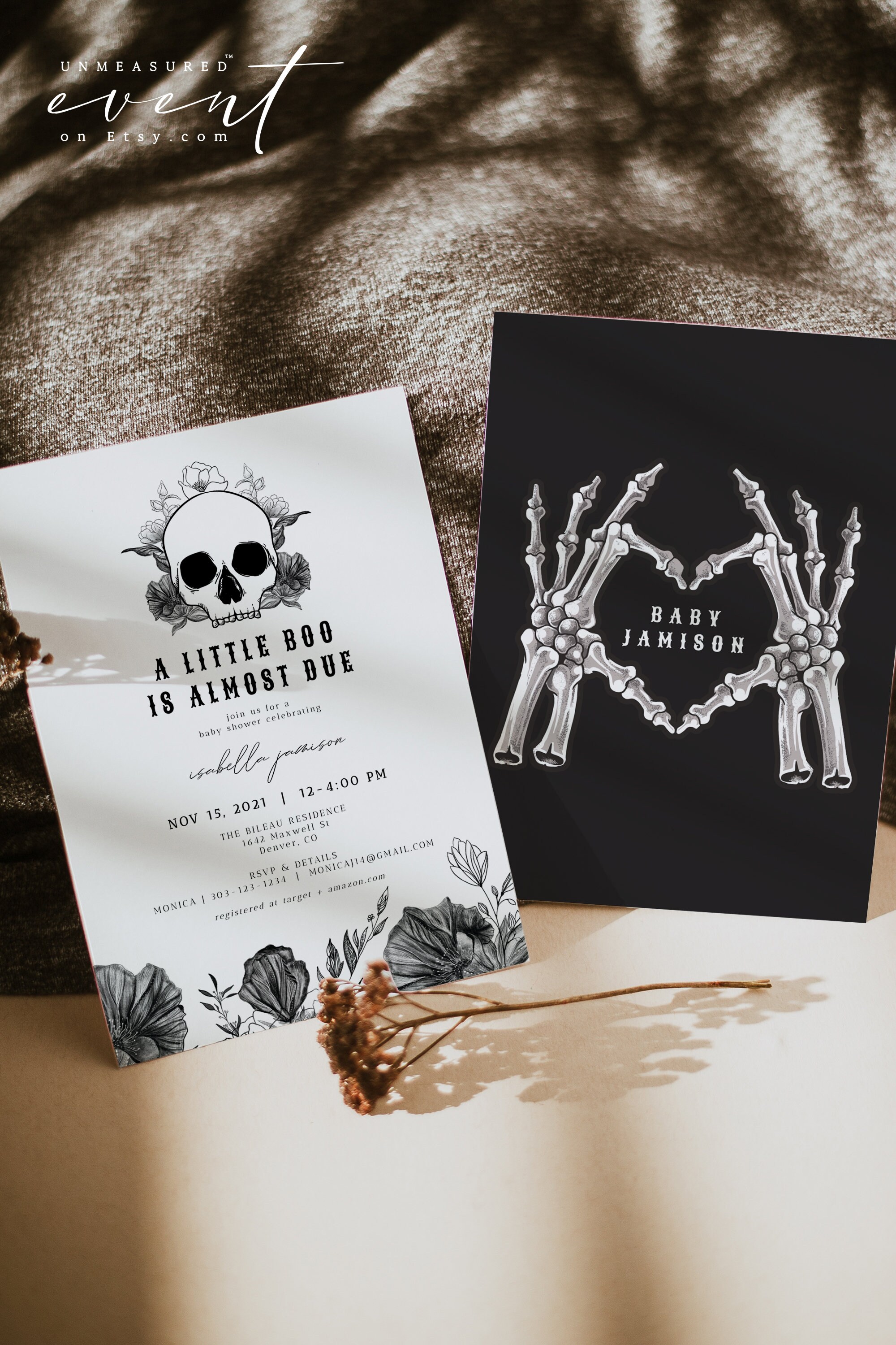 NOVA Halloween Baby Shower Invitation Template Gothic Baby Shower Invitation Skull Baby Shower Vintage Black Floral A Little