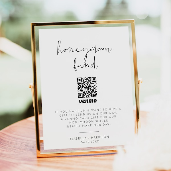 ADELLA Minimalist Honeymoon Fund Sign, Honeymoon QR Code Sign Printable, Honeymoon Venmo Sign Template, Modern Honeymoon Donation Fund DIY