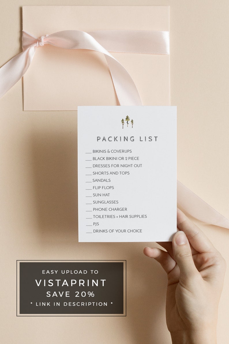 May include: A white card with the text "Packing List" and a list of items to pack for a trip, including bikinis, dresses, shorts, sandals, flip flops, a sun hat, sunglasses, a phone charger, toiletries, pajamas, and drinks. The card is held in a hand against a light pink background.